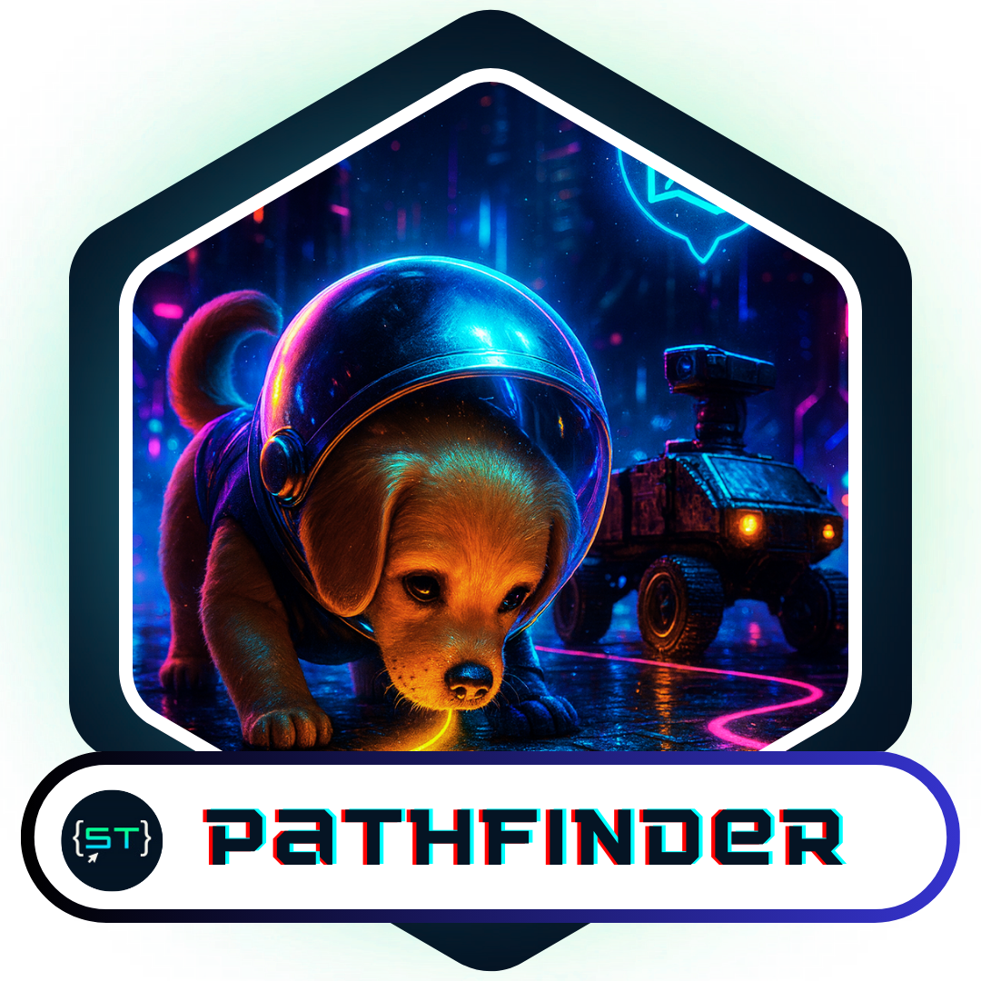 An illustrated badge featuring a small astronaut dog closely examining a glowing trail on the ground, with a futuristic rover in the background. The neon-lit cityscape and compass icon represent curiosity, discovery, and finding direction in a tech career.