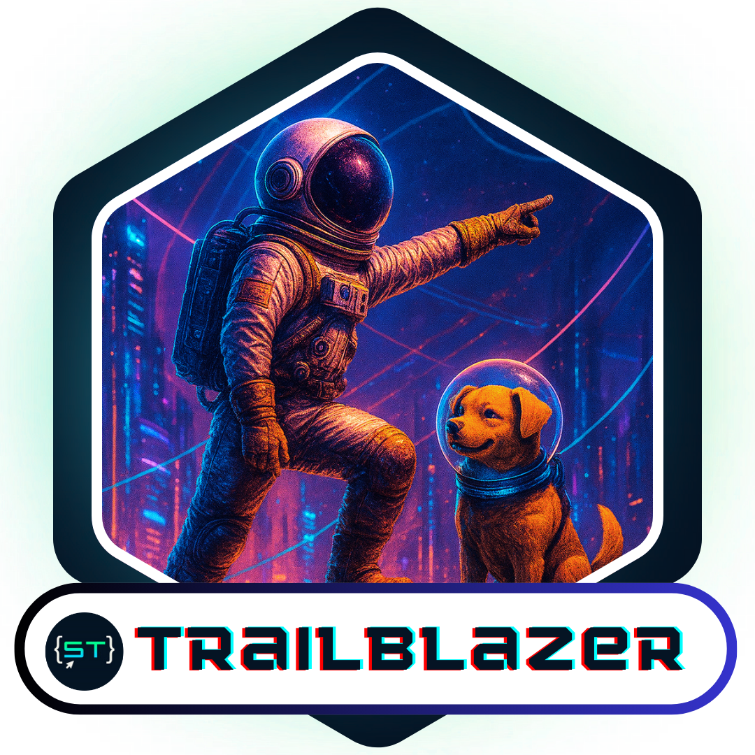 An illustrated badge featuring an astronaut pointing forward with an astronaut dog by their side, set against a neon cityscape background with glowing lines. The scene represents leadership, vision, and guiding a community toward growth and belonging.