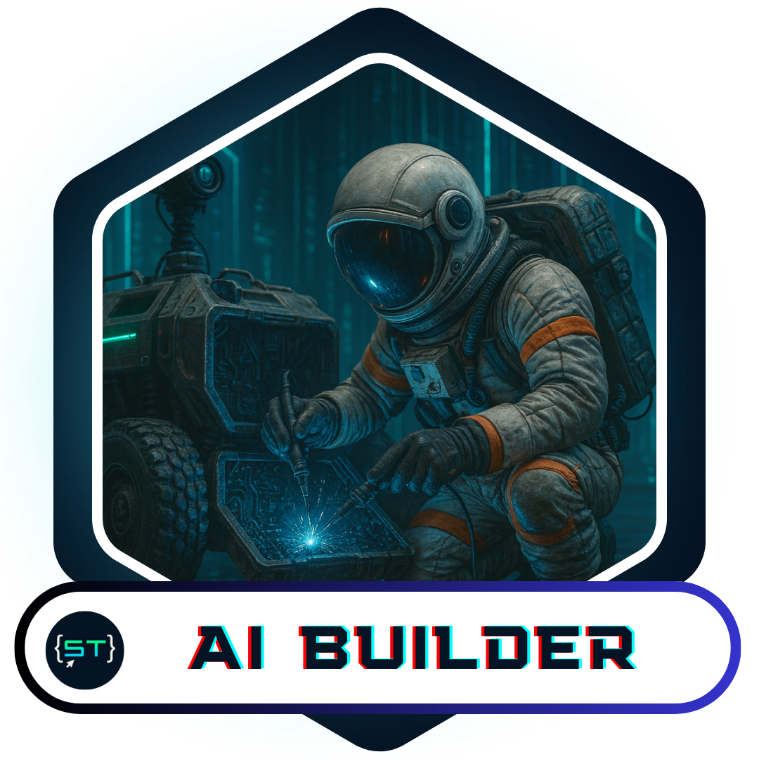 A digital badge shaped like a hexagon featuring an astronaut in a spacesuit kneeling beside a futuristic rover, working on a glowing control panel. The background shows abstract teal-blue digital lines evoking AI and technology. Below the image, a label reads 'AI BUILDER' in glitch-style neon text with the SOMOS.tech {ST} logo on the left.