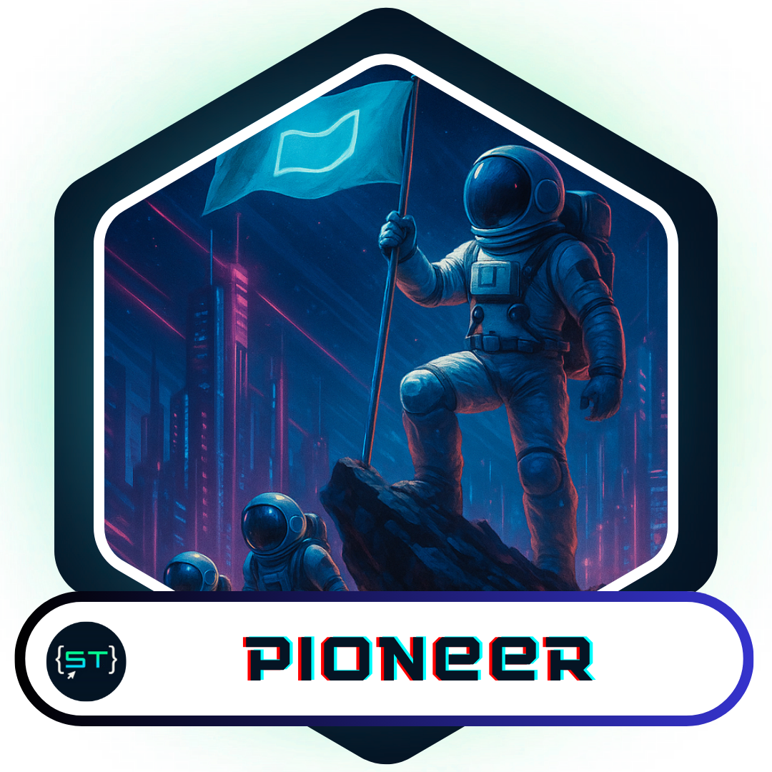 An illustrated badge featuring an astronaut planting a flag on a rocky peak while others stand behind, symbolizing leadership, exploration, and paving the way for others in the community. The neon cityscape backdrop highlights innovation and progress.