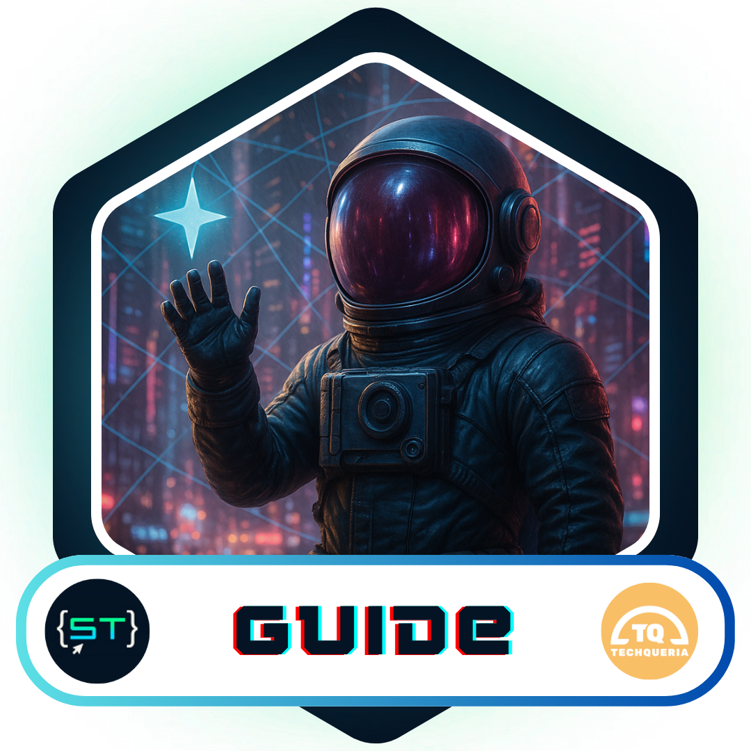 An illustrated badge featuring a futuristic astronaut waving against a neon geometric background, symbolizing mentorship and guidance in technology. The word "GUIDE" is displayed prominently at the bottom with partner logos.