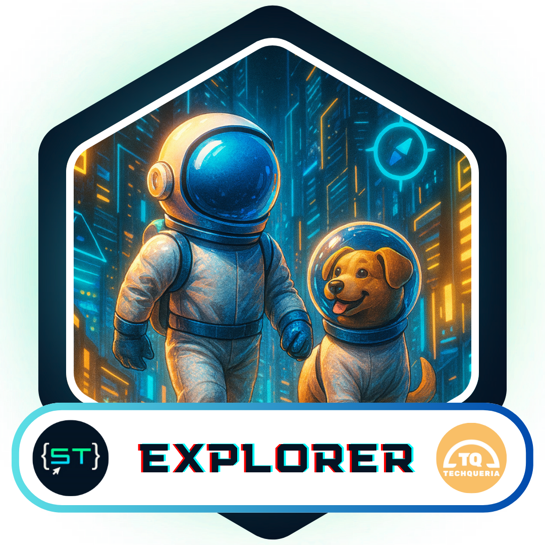 An illustrated badge featuring a futuristic astronaut walking alongside a smiling astronaut dog, both in space suits. They stand against a glowing neon cityscape with a compass symbol above, representing exploration, curiosity, and growth through mentorship.