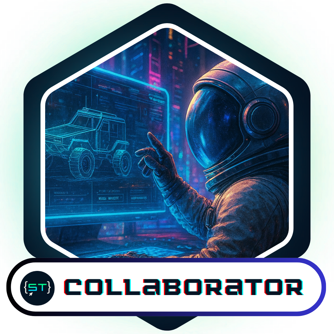 An illustrated badge featuring an astronaut addressing a small group, with an astronaut dog listening alongside. The scene, set in a glowing futuristic environment, symbolizes teamwork, collaboration, and community support.