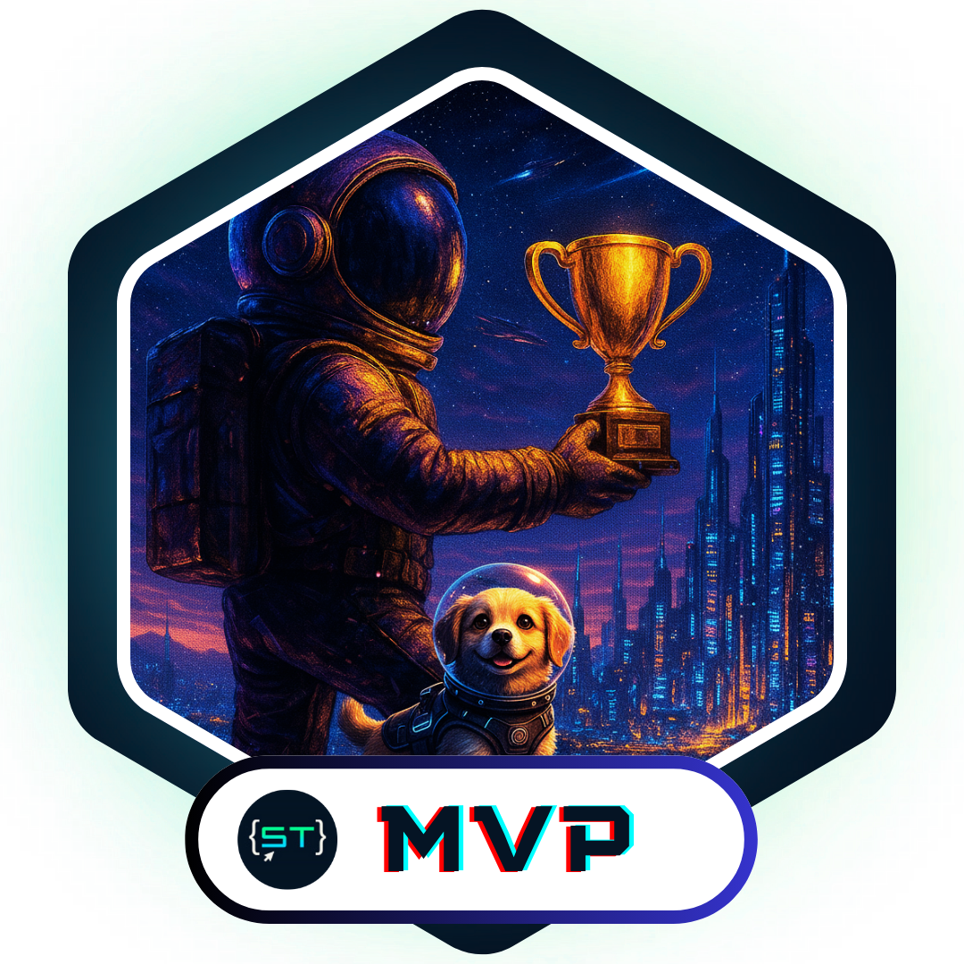 An illustrated badge featuring an astronaut holding up a golden trophy while standing beside a smiling astronaut dog. A futuristic city skyline glows in the background, symbolizing achievement, recognition, and community excellence.