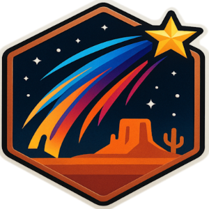 A stylized comet graphic with a curved dark blue arc and several white motion streaks leading to a bright white five-pointed star at the tip, set against a light gray background.